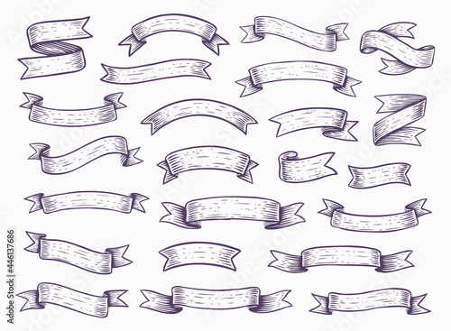 Banners ribbons in style of engraving. Vintage sketch vector illustration