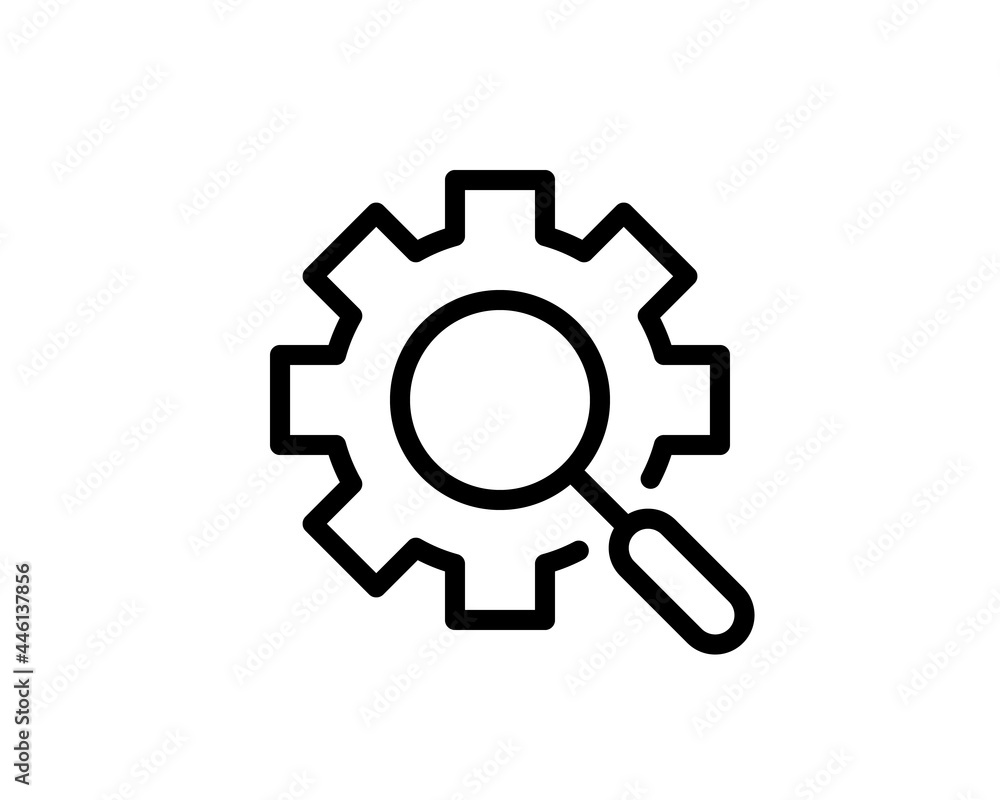 Settings search linear icon. Thick line illustration. Magnifying glass with cogwheel contour symbol. Vector isolated outline drawing Settings search linear icon. Thick line illustration. Magnifying glass with cogwheel contour symbol. Vector isolated outline drawing