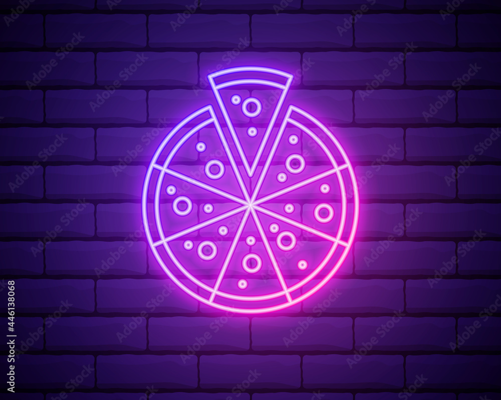 Pizza - Neon Sign Vector. Pizza - neon sign on brick wall background, design element, light banner, announcement neon signboard, night advensing. Vector Illustration Pizza - Neon Sign Vector. Pizza - neon sign on brick wall background, design element, light banner, announcement neon signboard, night advensing. Vector Illustration