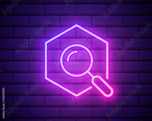 magnifying glass with wrench nut icon in neon style. Simple thin line, outline vector of education icons for UI and UX, website or mobile application.