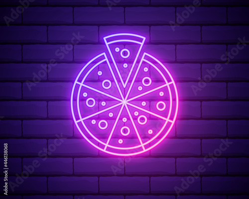 Pizza - Neon Sign Vector. Pizza - neon sign on brick wall background, design element, light banner, announcement neon signboard, night advensing. Vector Illustration