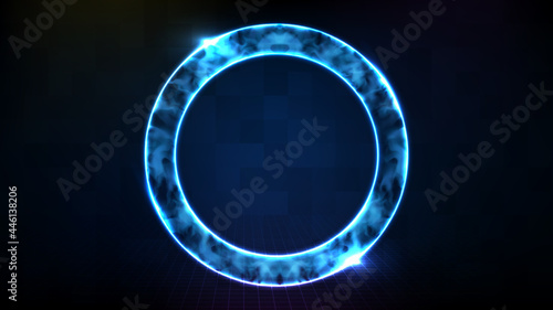 abstract futuristic background of technology neon circle frame with smoke