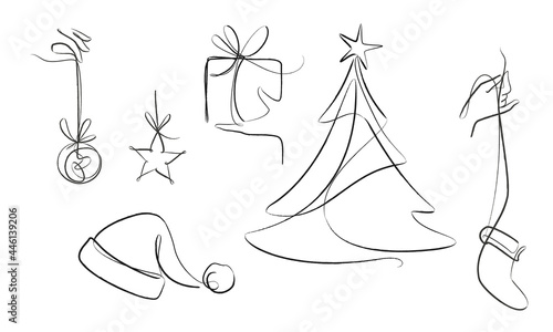 Handdrawn christmas collection with one line art christmas decoration and interacting hands with different gesture