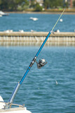 Big game fishing reel in natural setting with sea on background
