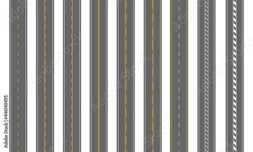 Empty straight roads. Vertical top view. Set of highways with different markings. Seamless roadway templates isolated on white background. Carriageway elements of city map. Vector flat illustration.