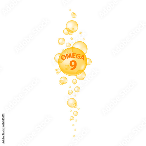 Omega 9 polyunsaturated fatty acid texture. Fish oil pills. Gold sparkling bubbles streaming. Nutritional supplement for beauty and health. Vector realistic illustration.