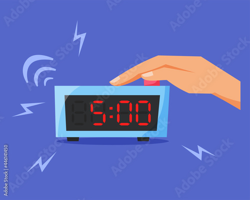 Turn off ringing alarm clock, pressing button on electronic clock, early morning concept, waking up early, flat vector illustration