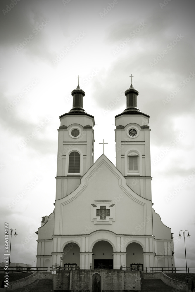 black and white image of a catholic church