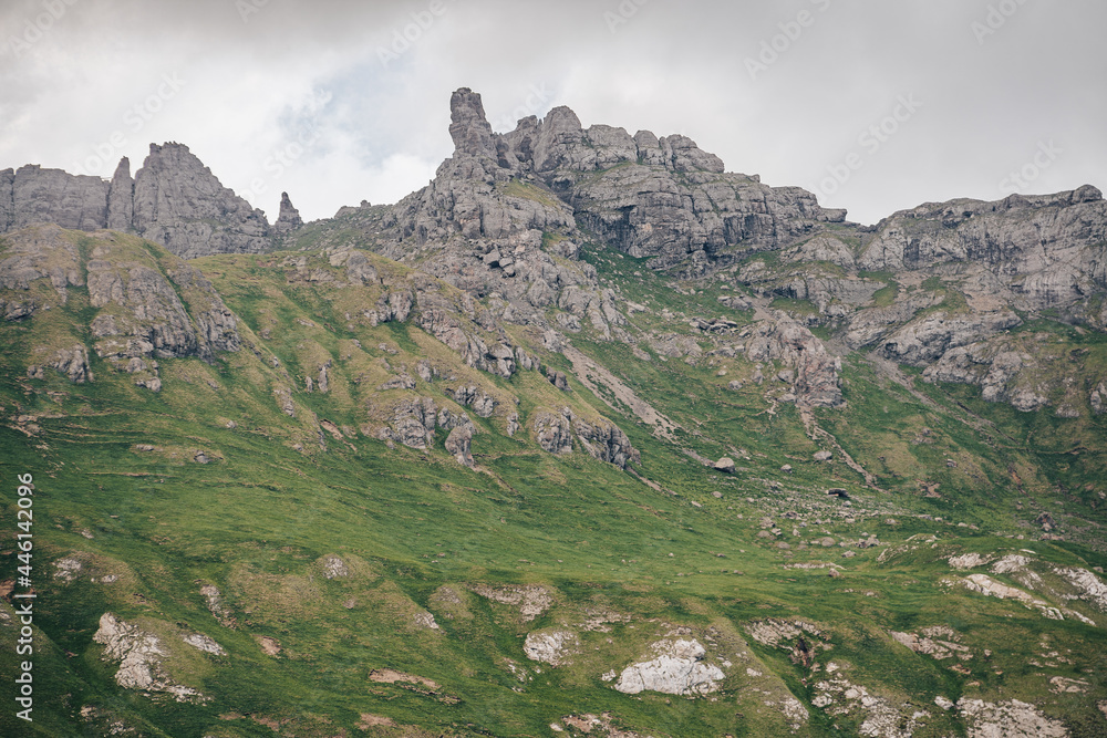 View of a high alpine landscape of Bergell (Bregaglia), Switzerland and Italy. Summer alpine mountain landscape.
