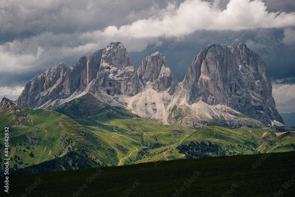 Fantastic view of Sassolungo and Sassopiatto mountains in Dolomites, Italy. Sella pass and high rock towers of Dolomiti peaks. 