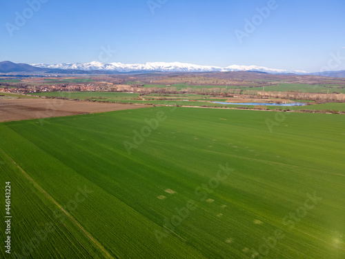 Aerial Spring landscape of Rural Land near town of Hisarya, Bulgaria