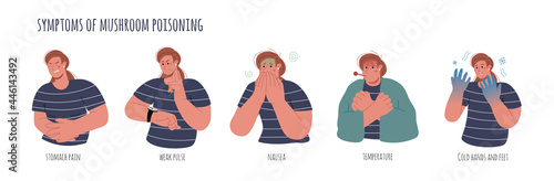Symptoms of poisoning by poisonous mushrooms.A girl ate a mushroom,stomach pain,nausea,fever,weak pulse,vomiting,nausea.