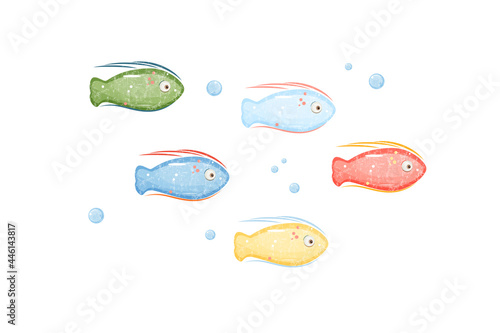 Cartoon cute fishes and starfish vector illustration with texture. Red fish, Yellow fish, Blue fish, Green fish  and red starfish. Cartoon sea life illustration