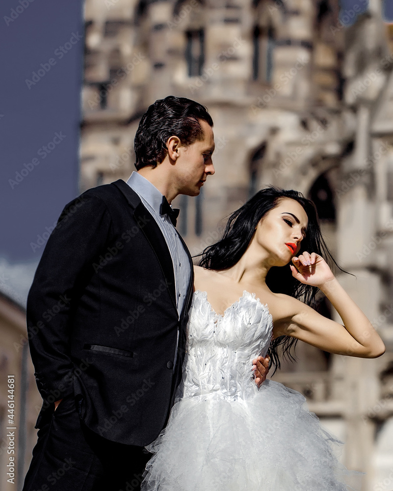 Naklejka premium wedding sexy couple near caste on palace outdoor