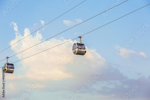 Cabins of the first city cable car connecting the two banks of the Moskva River. The route is 720 meters long. Moscow, Russia