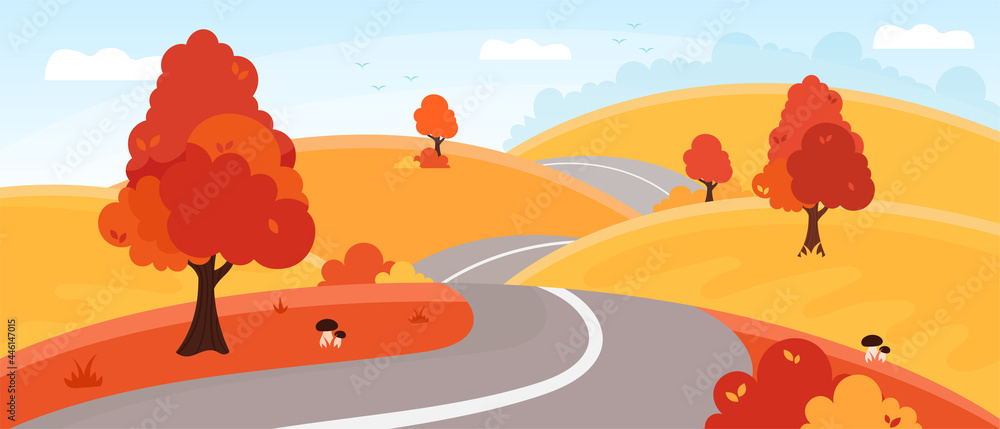 Autumn landscape. Forest and fields.  Country road through golden color hills. Fall season, countryside view. Flat style vector illustration. For banner, print, poster..
