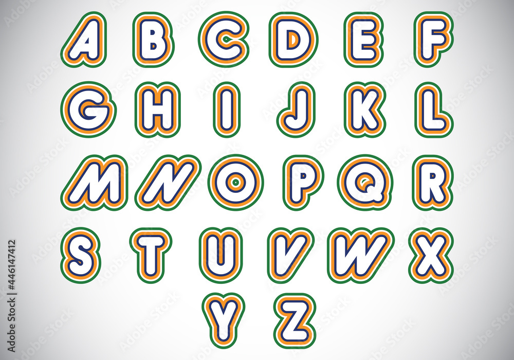 Colorful Initial A-Z monogram letter alphabet. Children's cute alphabet. Cartoon bright font for kids. Modern vector logo design for business, and company identity. Colorful Initial A-Z monogram letter alphabet. Children's cute alphabet. Cartoon bright font for kids. Modern vector logo design for business, and company identity.