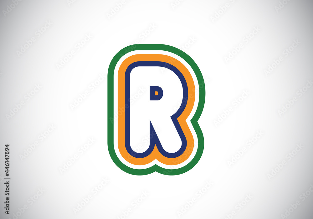 Colorful Initial R monogram letter alphabet. Children's cute alphabet. Cartoon bright font for kids. Modern vector logo design for business, and company identity.