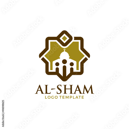 Calligraphy Logo of Al-Sham (Arabic Old Name of Palestine, Trans-Jordan, and Syiria) design. Home Shape Kufi Style. Vector Illustration.