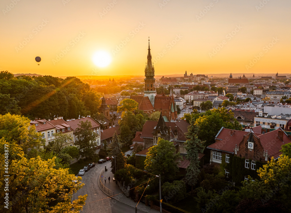 Sunset over Podgorze district in Krakow, Poland