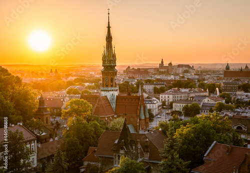 Sunset over Podgorze district in Krakow, Poland