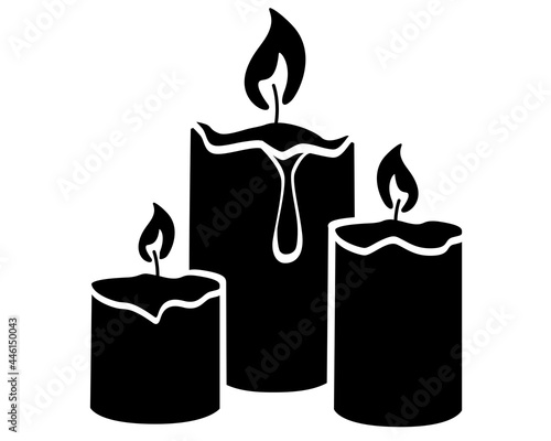 Candles are a silhouette for a sign or symbol. Three wax candles of different sizes are burning - vector silhouette illustration for logo or pictogram.