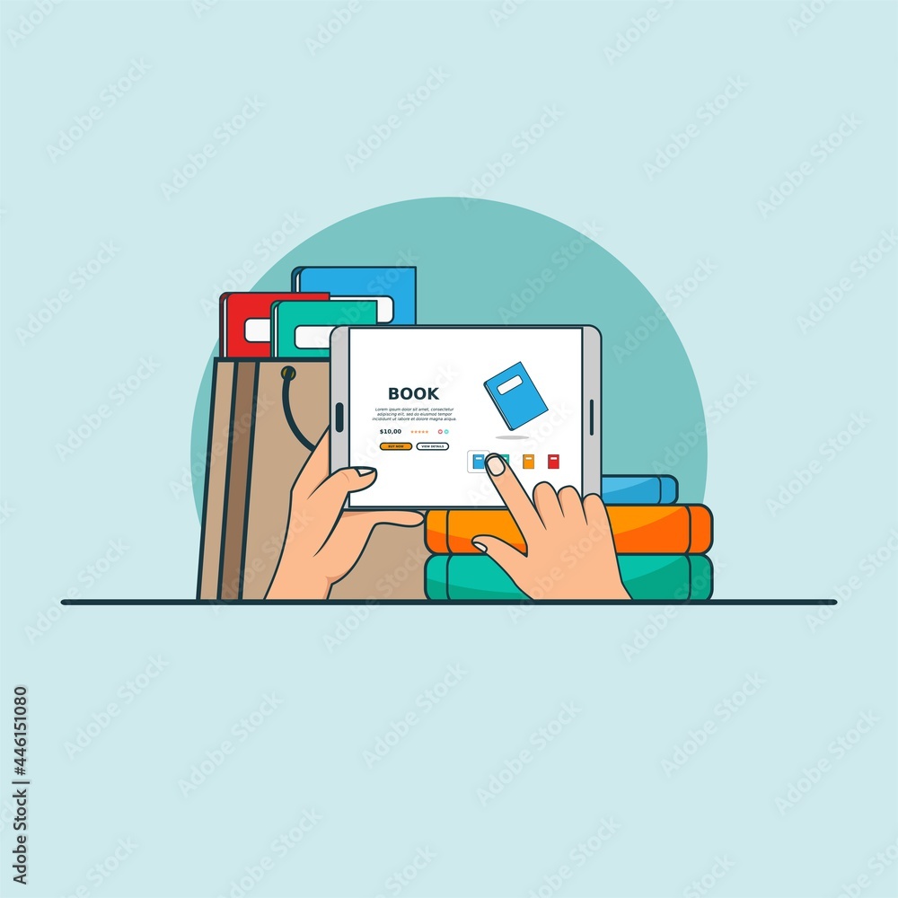 Illustration for buy online magazine or book with smartphone concept. Design vector with flat style Illustration for buy online magazine or book with smartphone concept. Design vector with flat style