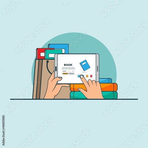 Illustration for buy online magazine or book with smartphone concept. Design vector with flat style
