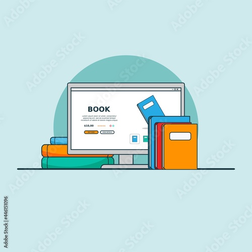 Illustration for buy online magazine or book with smartphone concept. Design vector with flat style