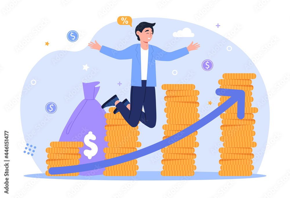 Income growth concept. The man is happy about the increase in profit. The up arrow as a symbol of wealth and an increase in the cost of capital. Cartoon flat vector illustration on a white background Income growth concept. The man is happy about the increase in profit. The up arrow as a symbol of wealth and an increase in the cost of capital. Cartoon flat vector illustration on a white background