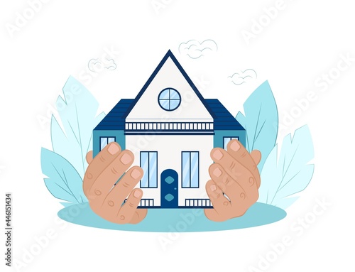 vector illustration of home security, real estate. Insurance policy services concept. Drawn house in hands flat style 