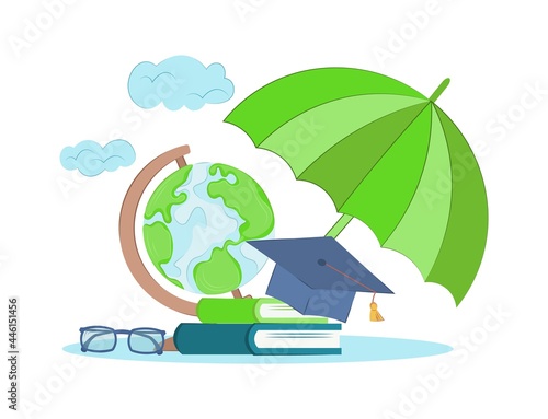 Security and protection of education concept. Risk management sign, education insurance concept. Books, globe and glasses under an umbrella. Vector illustration in flat style. 