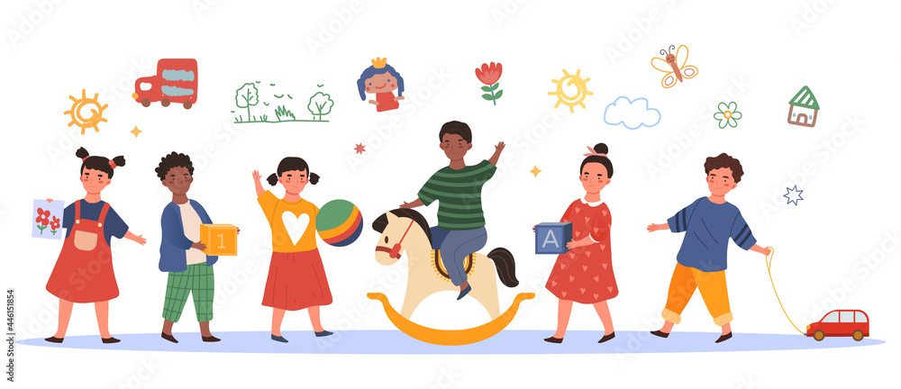 Kids in kindergarten concept. A group of young children play with their favorite toys in a preschool. Happy boys and girls. Cartoon colorful flat vector illustration isolated on a white background