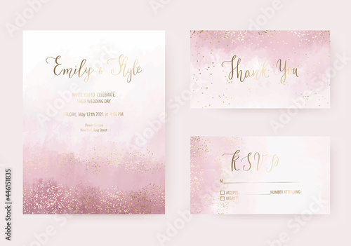 Wedding dusty rose watercolor invitation design, thank you and rsvp cards with gold border confetti texture.