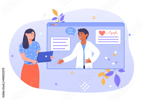 Online diagnosis concept. The girl is talking to the doctor via video link. Online consultation with a therapist. Modern health care. Cartoon flat vector illustration isolated on a white background