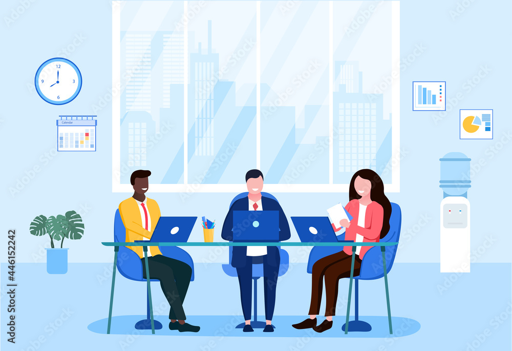 Office workers concept. Men and a woman are sitting at their laptops at their workplaces. Comfortable working conditions. Colleagues are discussing the project. Cartoon flat vector illustration