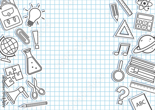 School supplies border on checkered background. Education frame. Vector illustration
