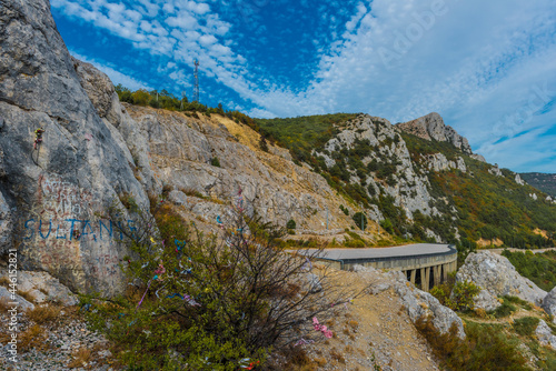 Laspi mountain pass, view of tunnel and Garin Mikhailovsky cliff, photo