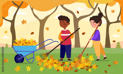 Children do housework concept. A boy and a girl with a cart and a rake are cleaning fallen leaves in the garden. Little helpers. Cartoon flat vector illustration with a beautiful autumn background