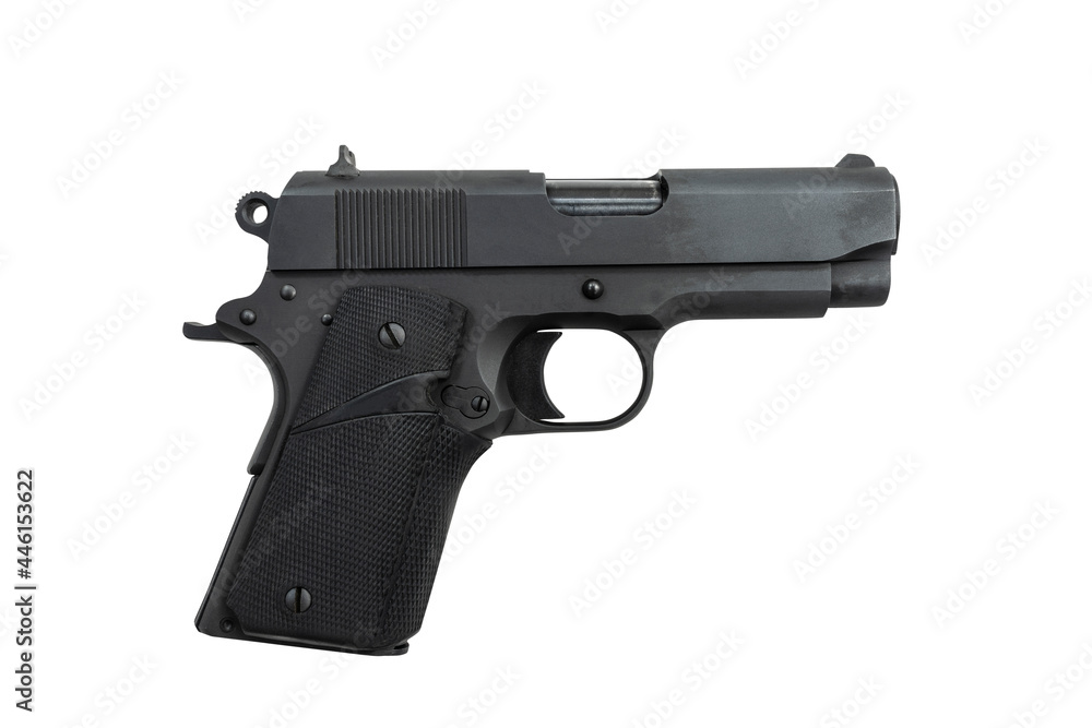 Black 45 caliber semi automatic hand gun isolated on white. 