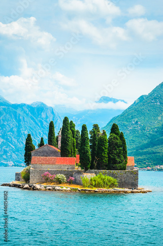 Beautiful mediterranean landscape. St. George Island near town Perast, Kotor bay, Montenegro.