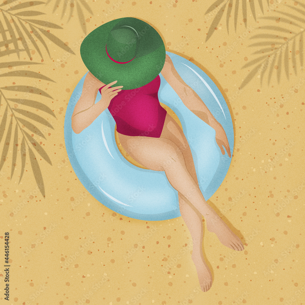 Letnie wakacje - kobieta opalająca się na plaży w różowym bikini i zielonym kapeluszu. relaks na plaży w cieniu liści palmowych. - obrazy, fototapety, plakaty 