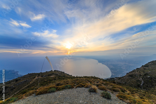 Aerial view of Kalamata city, Greece at sunset. Kalamata is one of the most beautiful cities in Greece and a popular tourist destination photo