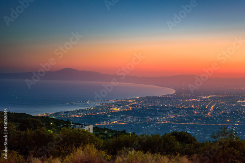 Aerial view of Kalamata city, Greece at sunset. Kalamata is one of the most beautiful cities in Greece and a popular tourist destination