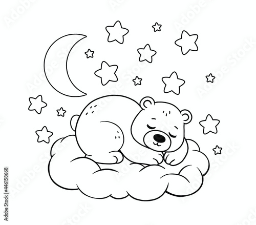 A sleeping bear cub. A bear cub in a vector. Stars and the moon. Suitable for coloring with a child or for printing postcards, etc.