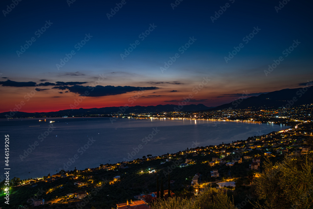 Aerial night view of Kalamata city, Greece. Kalamata is one of the most beautiful cities in Greece and a popular tourist destination