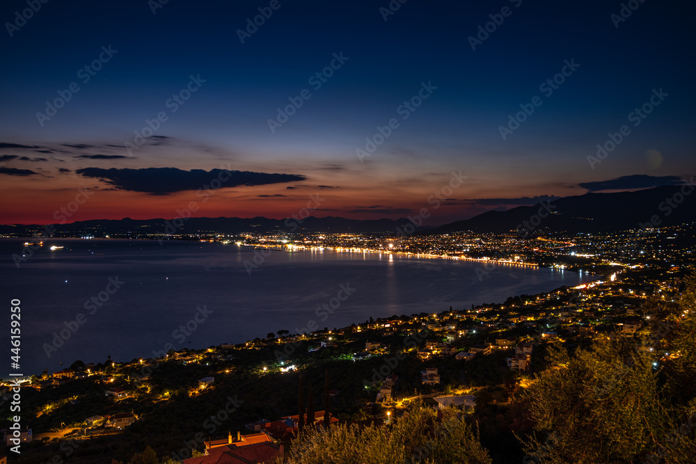 Aerial night view of Kalamata city, Greece. Kalamata is one of the most beautiful cities in Greece and a popular tourist destination Aerial night view of Kalamata city, Greece. Kalamata is one of the most beautiful cities in Greece and a popular tourist destination