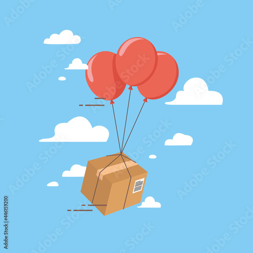 Box with balloons, Fast delivery concept. Transportation service concept.