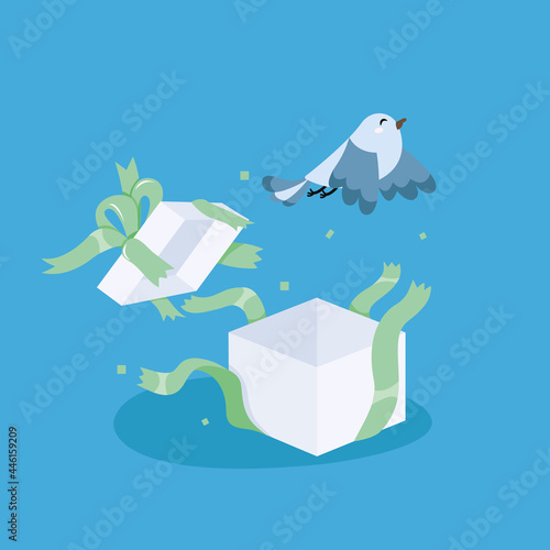 bird in a gift box, unbox and surprise events.