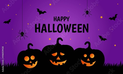 Happy halloween pumpkins on purple background. vector illustration.